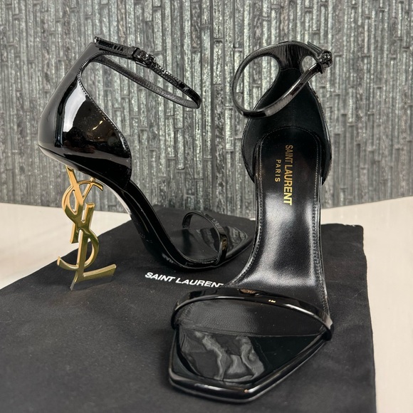 ♠️Saint Laurent Opyum YSL Black Logo-Heels Gold HW Size 36 - Picture 1 of 14